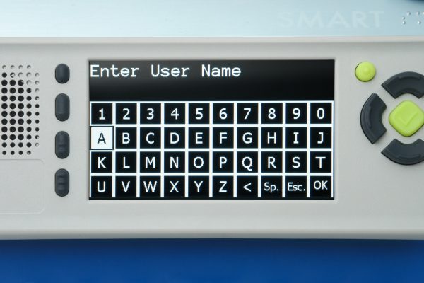 Close up of the SMART Brailler with grid of numbers and letters to select from for the user to “Enter User Name.”