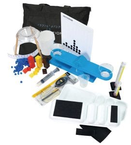 Adapted Science Materials Kit including a carry-all tote bag, histogram board, balance, graduated cylinders, sorting trays, thermometer, syringe, standard mass pieces, beakers, meter tape, and funnel stand