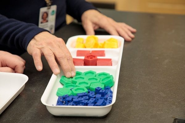 Sorting tray holding standard mass pieces of different colors and masses.