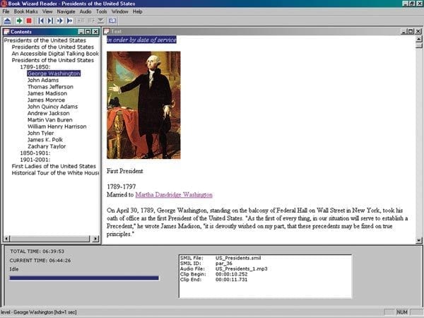 Screenshot of Book Wizard Reader showing the Contents, Text, and Audio views.