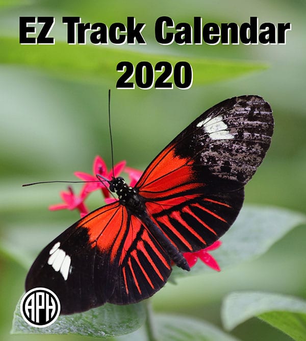 The cover of the EZ Track Calendar features a black and red butterfly