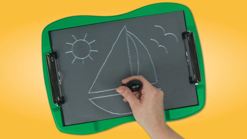 green tactile doodle frame, back body, white lines showing the tactile drawing of a sailboat. a hand holds the stylus.
