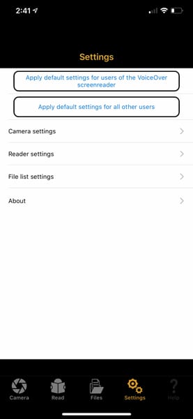 Screenshot of KNFB Reader Enterprise settings on iOS