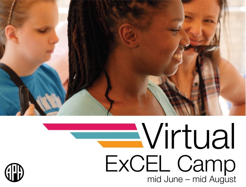 two teenage students and an adult smiling, text reads "Virtual ExCEL Camp. mid June-mid August
