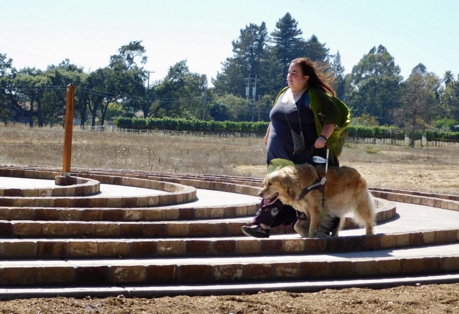 Maia walking through a stone labyrinth outside with her guide dog