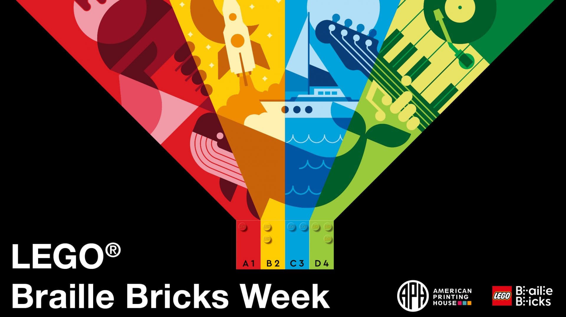 a design consisting of 4 LEGO braille bricks in red, yellow, blue, and green, from the legos, rays of the corresponding colors shine out like a light house. in the rays are a variety of objects like an ice cream cone, a guitar, a whale, a sail boat, and a rocket ship. text reads "LEGO Braille Bricks Week" APH logo, LEGO Braille Bricks logo