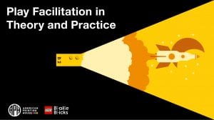 design of a yellow braille brick with a yellow ray coming out of one end. within the ray the design of a rocket ship launching is shown. text reads "play facilitation in theory and practice" APH logo and LEGO Braille Brick logo