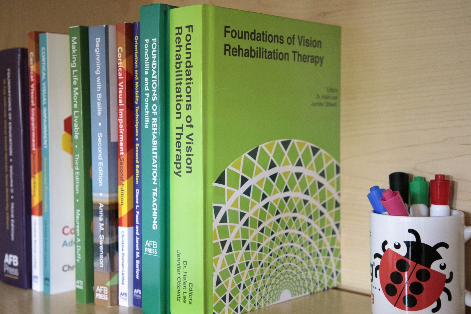 the new foundations of vision rehabilitation therapy book on a shelf with other text books