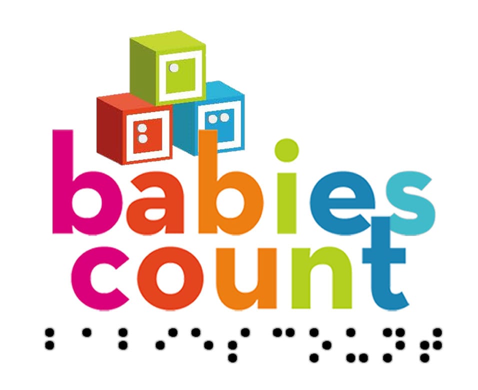 Babies Count logo is 3 color blocks stacked in a triangle above the text with braille text below the logo