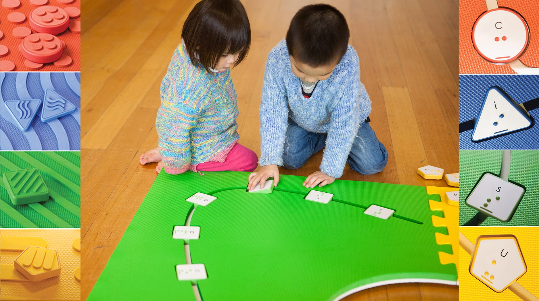 Photo shows two young children place square tiles in the cutouts of the green mat. Along the side vertically are images of red, blue, green, and yellow mats with matching tiles.