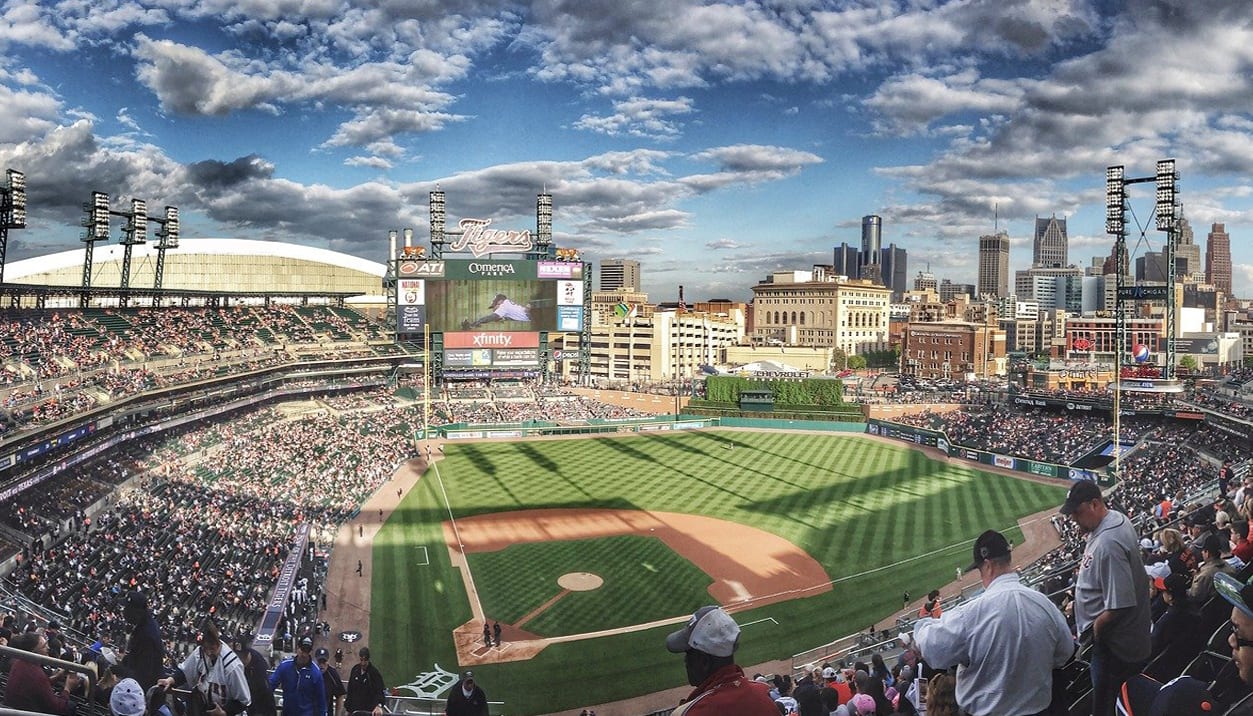 a panoramic view of a major league baseball stadium full of fans