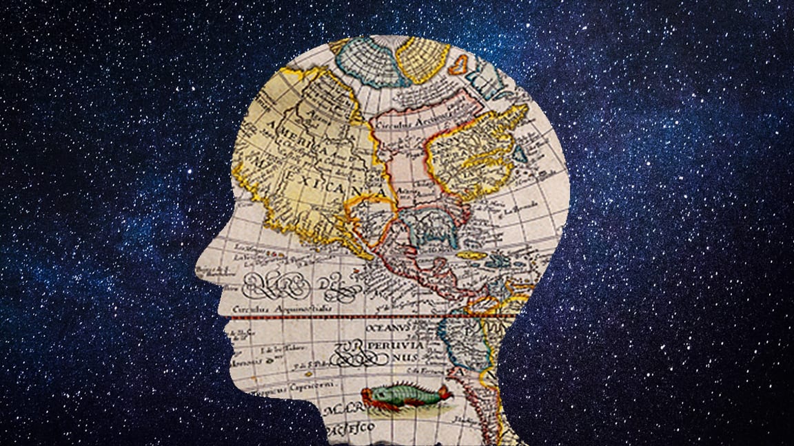 silhouette of a head in profile against a starry sky. the head if is made up of a vintage map map