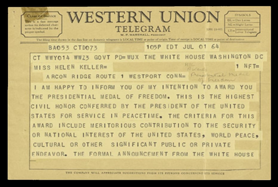 A Western Union telegram dated July 1, 1964. It is to Helen Keller and from President Johnson. The text explains his intention to award her the Presidential Medal of Freedom.