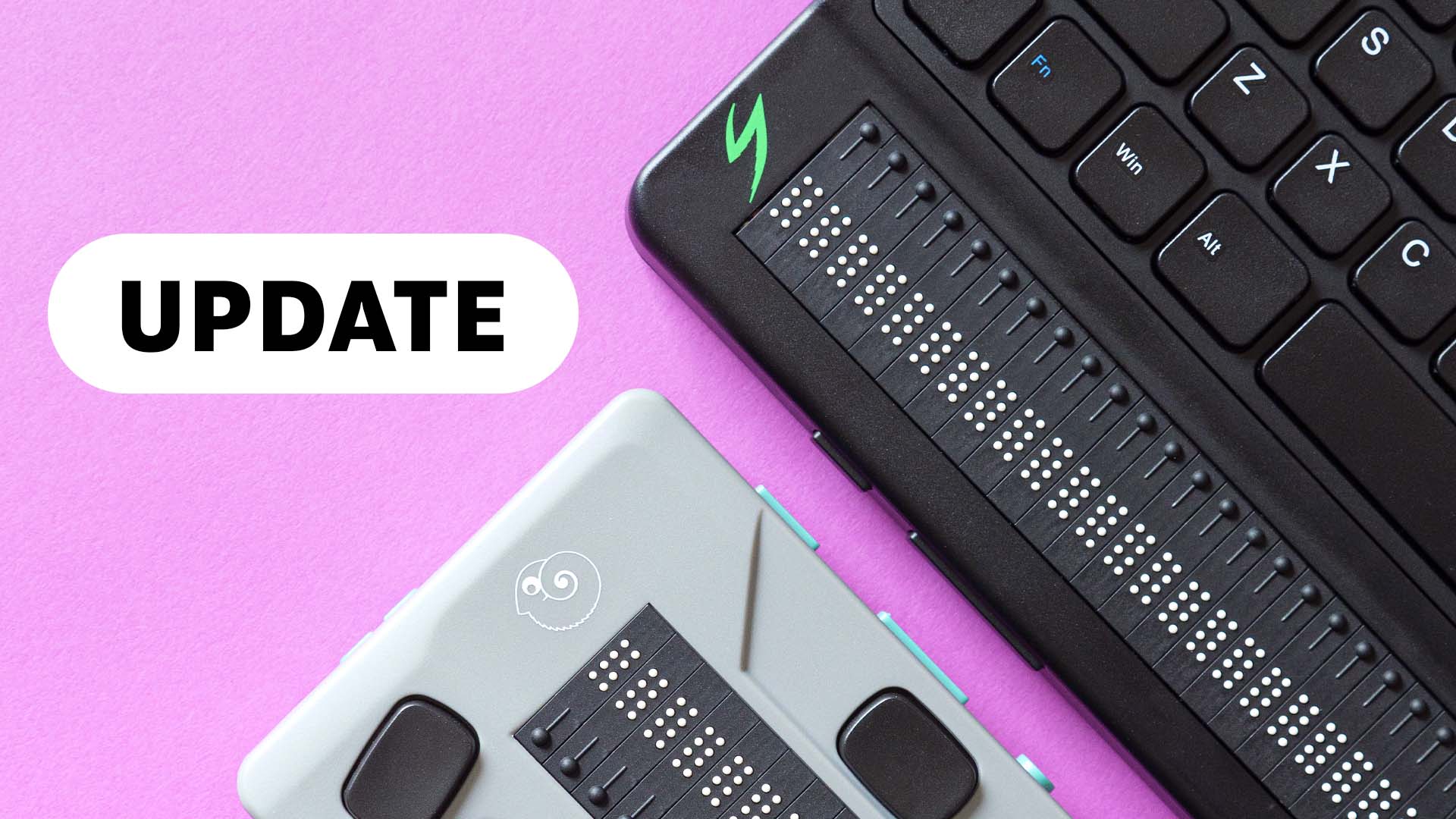 mantis and chameleon devices are partially shown, sitting side-by-side and diagonal on a purple background. the word "update" is in a white bubble on the left side
