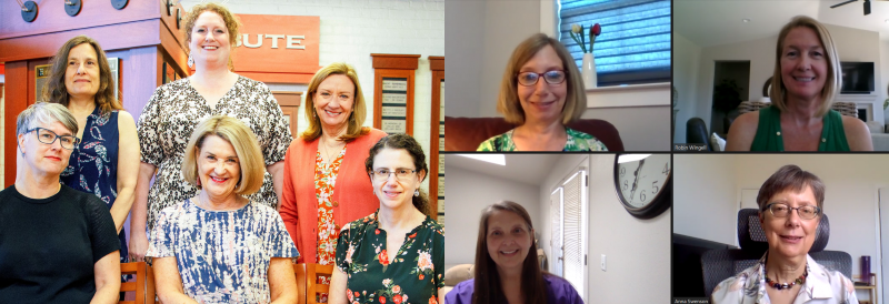 Collage of two images showing six members of the Building on Patterns team at APH and four online.