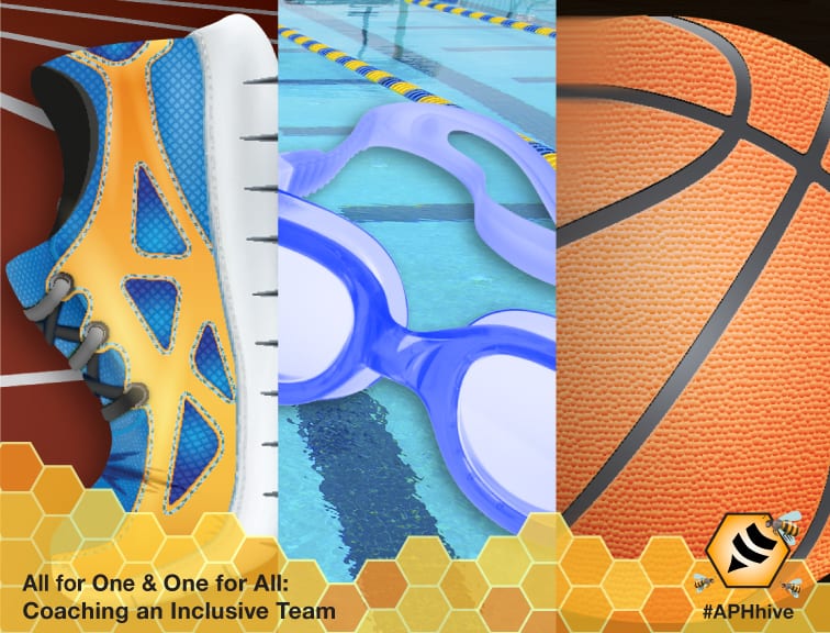 APH Hive course graphic collage depicting a gym shoe, swim goggles, and a basketball.