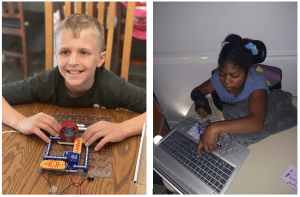 Side by side photos of students with snap circuits jr kits. Student on the right smiles in front of a completed circuit including a fan. student on the left assembles pieces on the board in front of a laptop.