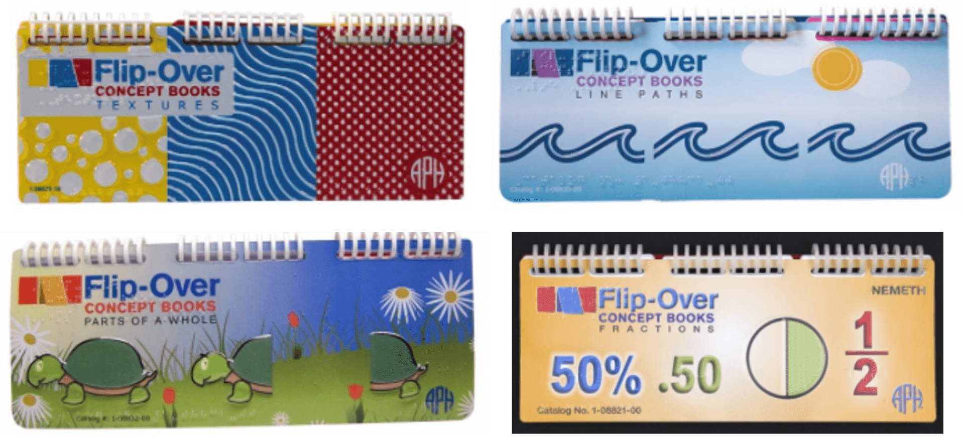 Collage of four Flip-Over Concept Books covers: Textures, Line Paths, Parts of a Whole, and Fractions