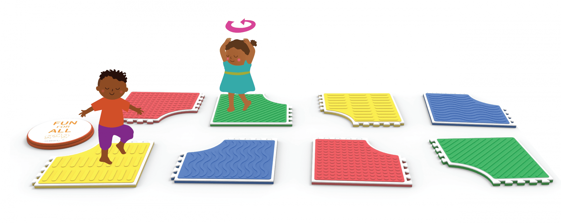 illustration of two students on different reach and match play mats lined up in two rows