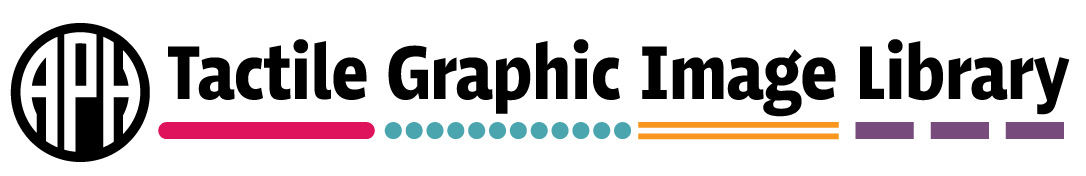 APH Tactile Graphic Image Library logo featuring different patterns in a line below the words. One is a straight pomegranate line, then a teal dotted line, then a double stripe gold line, then a purple dashed line.