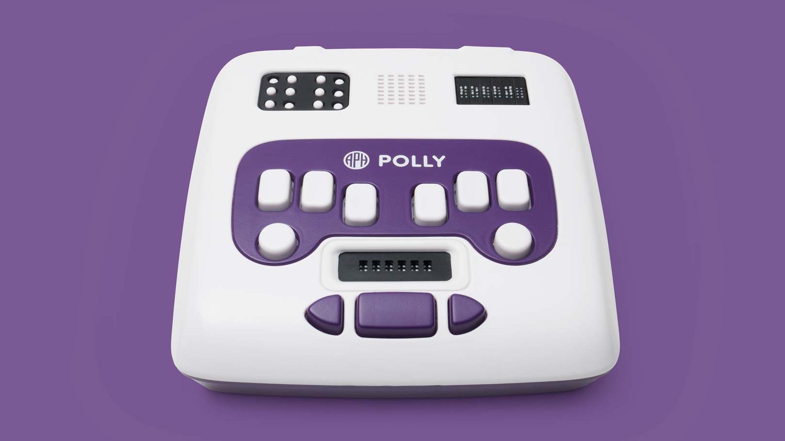 Overhead view of Polly showing large and standard braille cells, Perkins-style keyboard, electronic slate, and navigation keys.