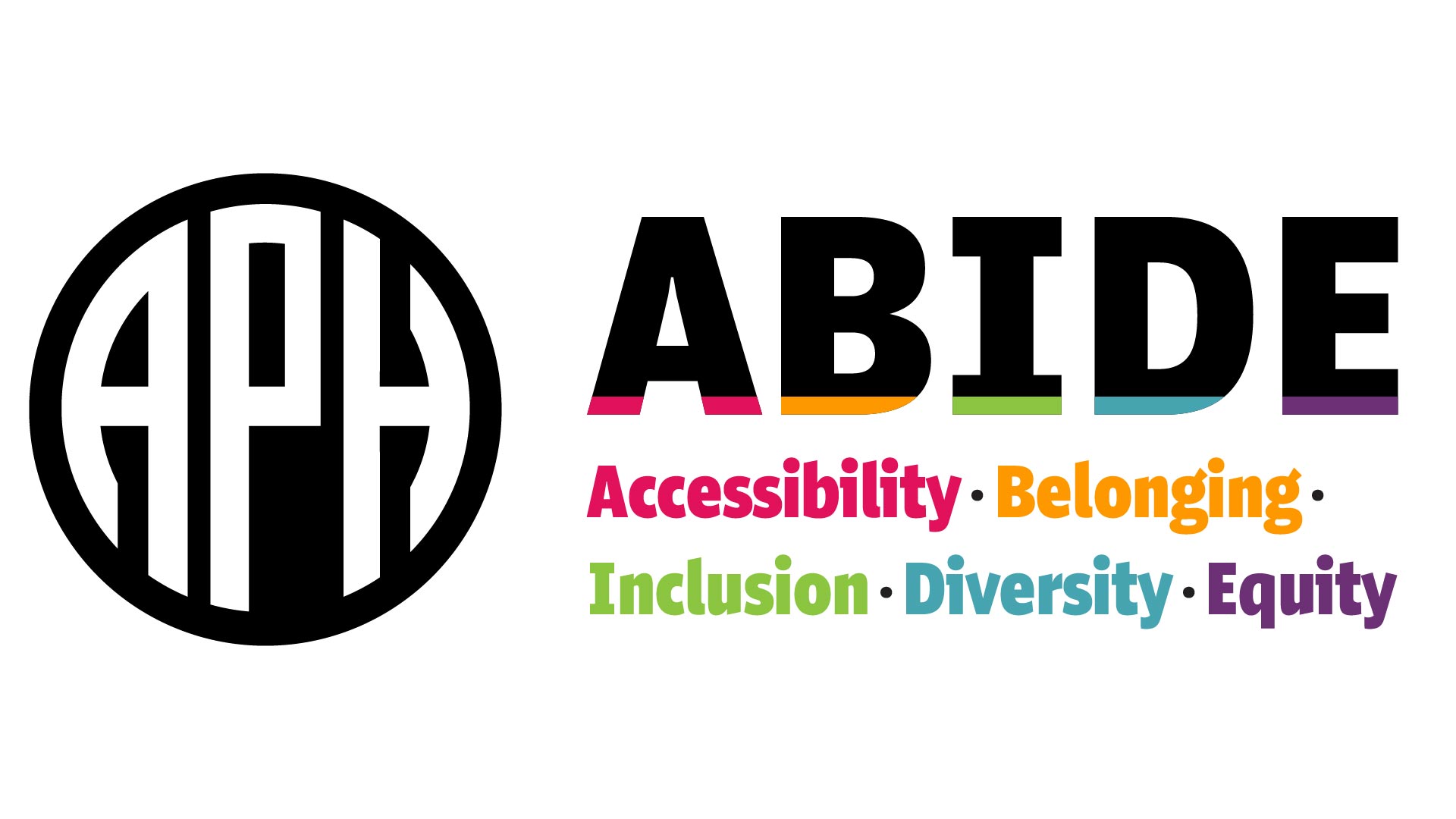 APH ABIDE logo. Under the acronym ABIDE are the words "Accessibility. Belonging. Inclusion. Diversity. Equity." in APH branding colors of pomegranate, gold, green, purple, and teal.