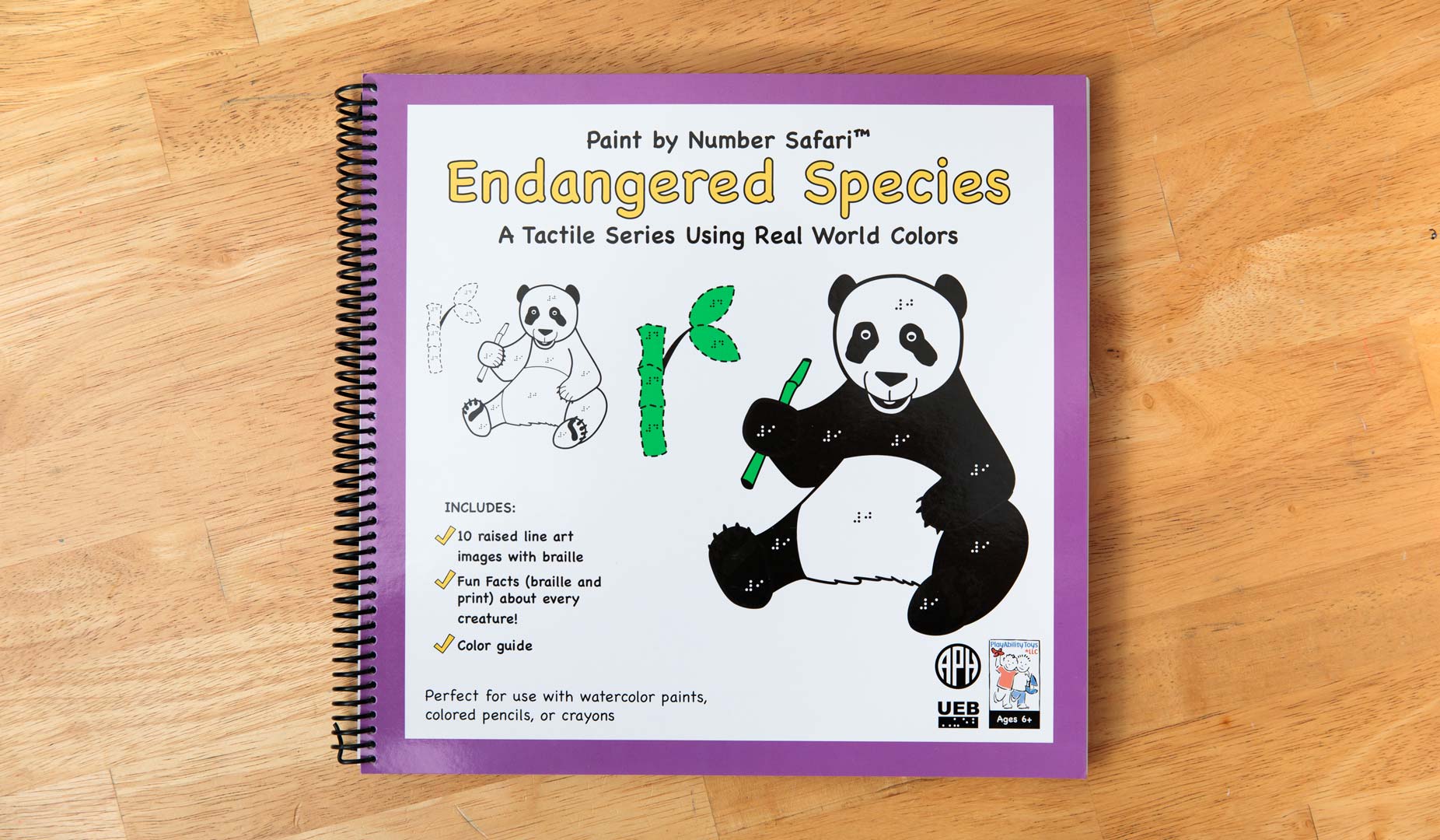 A spiral bound braille book with an illustration of a panda on the cover. It's holding a bamboo shoot. At the top it says "Paint by Numbers Endangered Species"