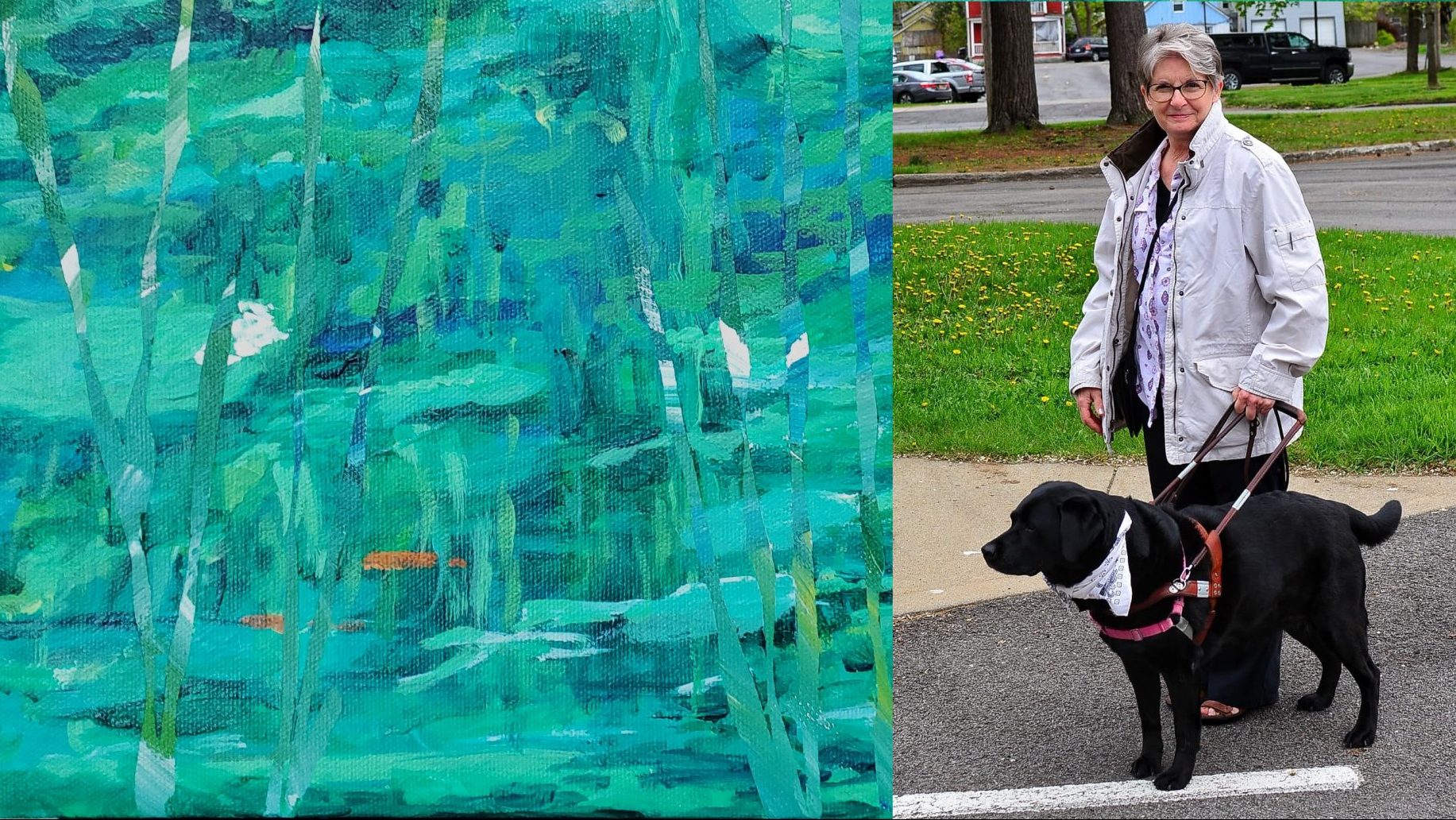 A painting of blue, green, and teal impressionistic painting with small spots of yellow and orange. The strokes are evocative of water. An image to the right shows a woman and her black lab guide dog walking outside near green grass and trees.