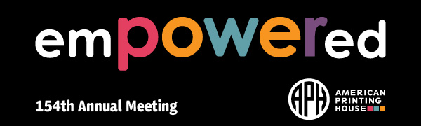 154th Annual Meeting logo. The word "empowered" is shown with power in a larger, bold font using the APH brand colors of pomegranate, orange, teal, and purple. APH logo.