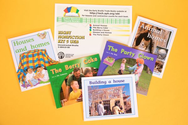 Early Braille Trade Books, Rigby Nonfiction Kit 5 UEB, Uncontracted: Animal Homes, The Berry Cake, Building a House, Houses and Homes, and The Party Clown.